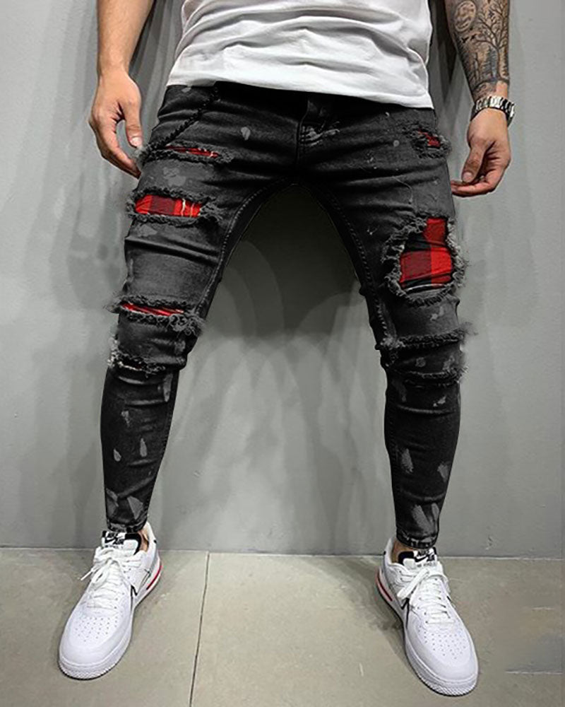 All-match Washed Ripped Plaid Stitching Jeans