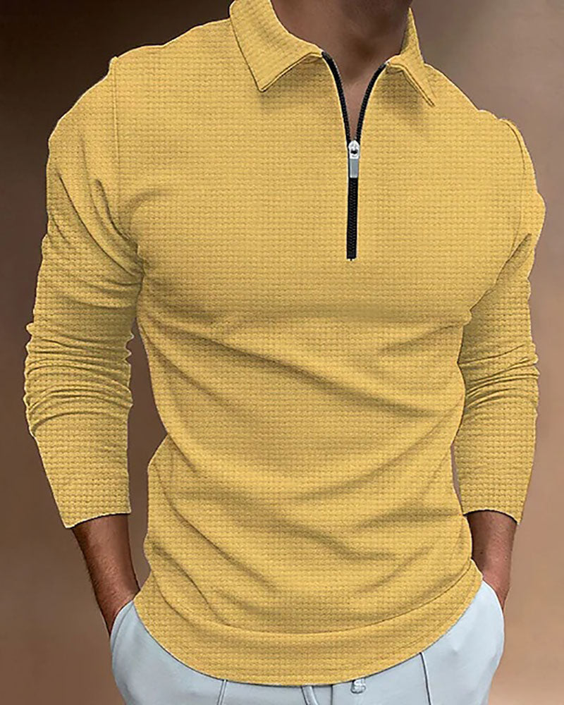 Casual Solid Waffle Zipped Polo Shirt