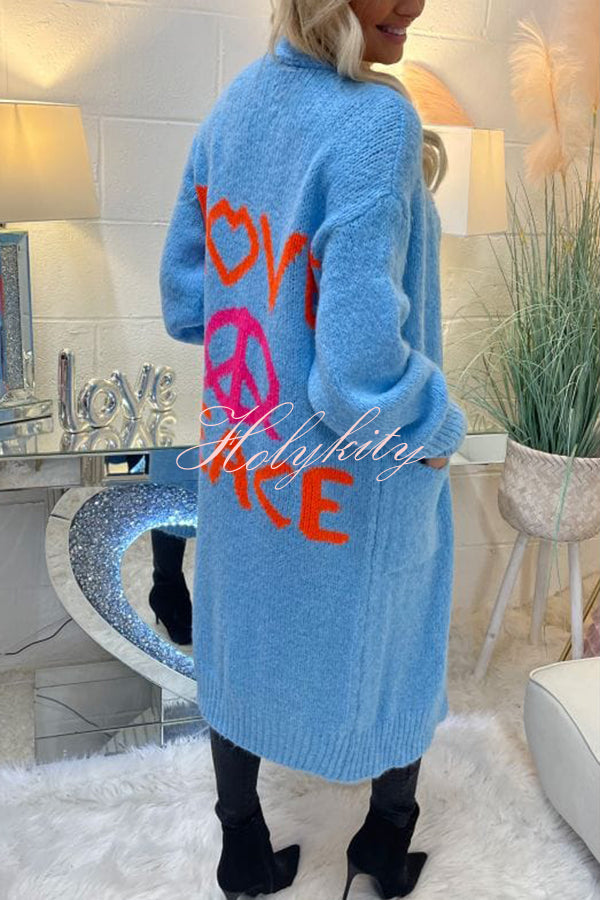 Neon Love Peace Chunky Knit Pocket Straight Midi Cardigan