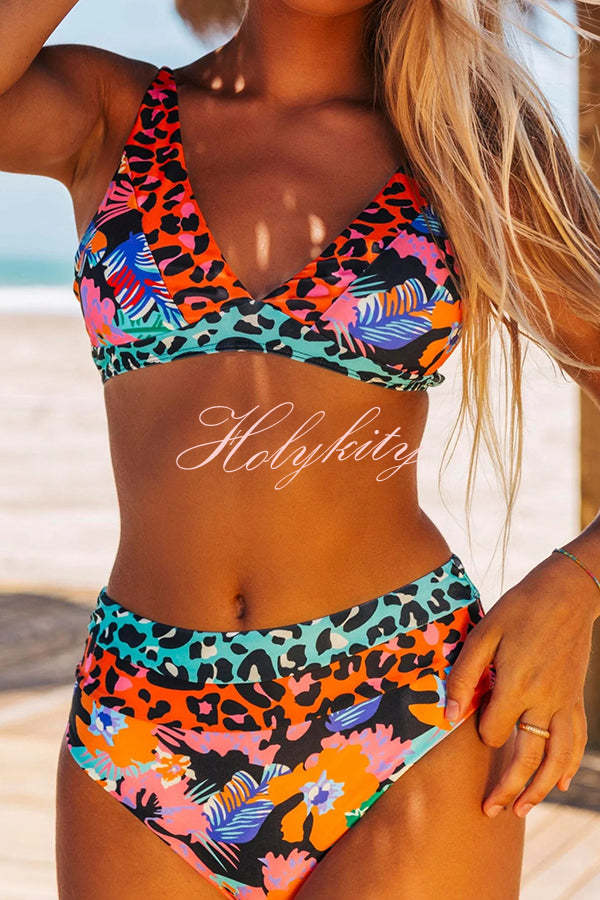 Aloha Honey Leopard Printed Colorblock Bikini