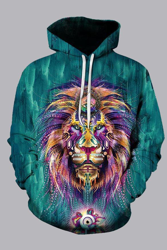 Street 3D Green Digital Lion Printed Hooded Sweatshirt