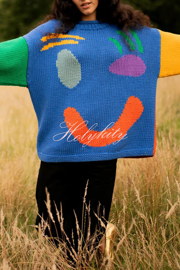 Feel Good Knit Colorful Smiley Face Loose Pullover Sweater