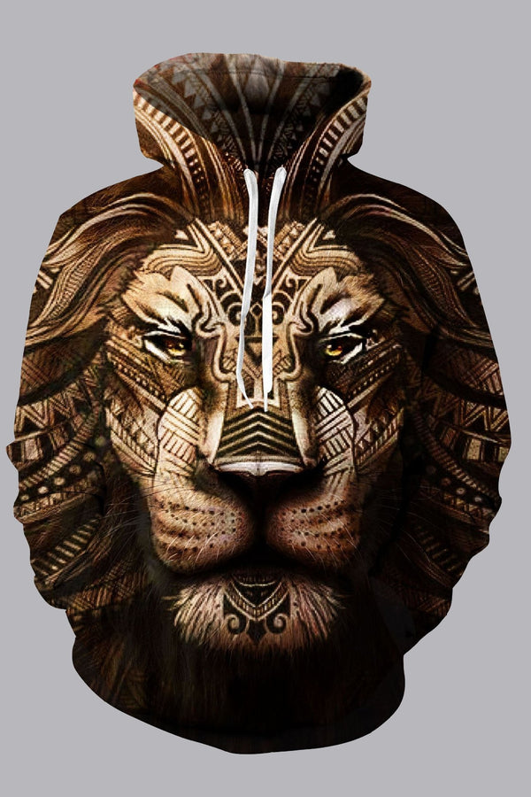 Street 3D Blown Digital Lion Printed Hooded Sweatshirt