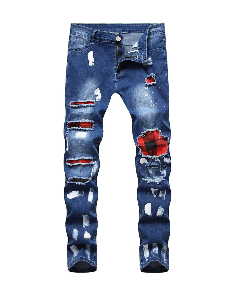 All-match Washed Ripped Plaid Stitching Jeans