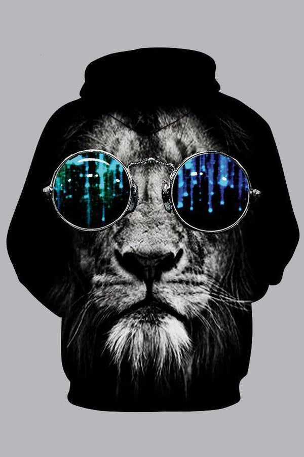 Street 3D Black Digital Lion Printed Hooded Sweatshirt