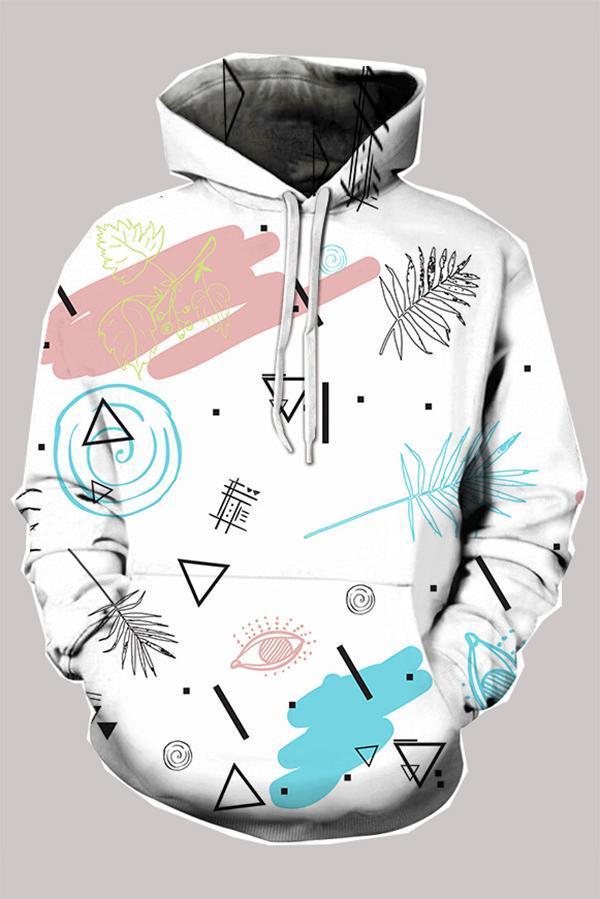 3D White Digital Abstract Printed Hooded Sweatshirt