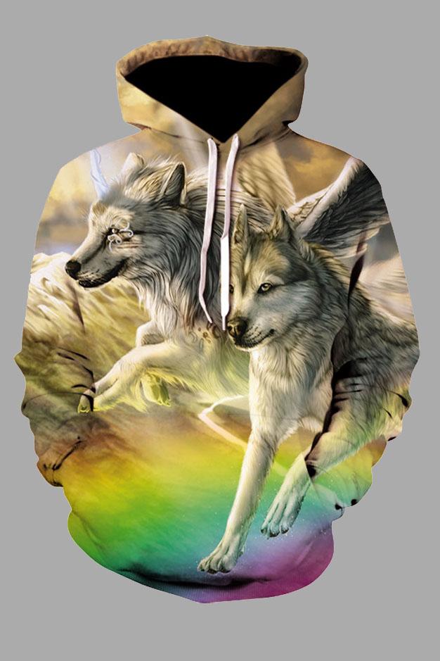 3D Multicolor Digital Wolf Printed Hooded Sweatshirt