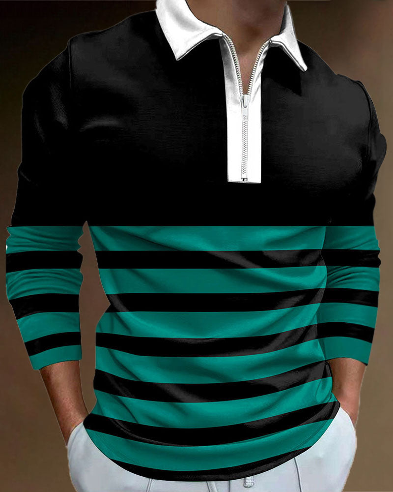 Casual Striped Zipped Polo Shirt