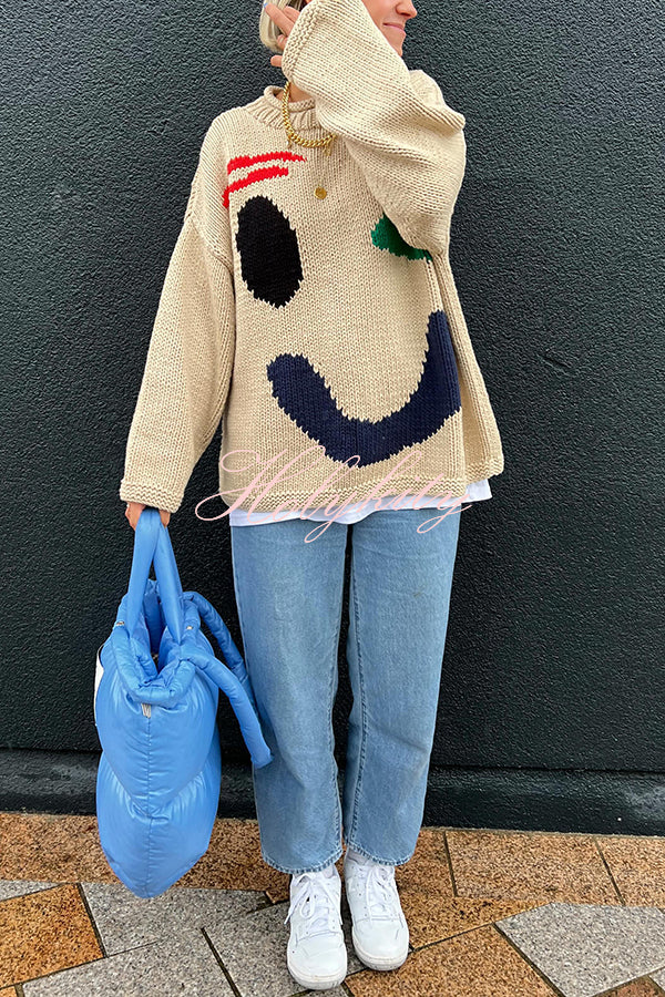 Feel Good Knit Colorful Smiley Face Loose Pullover Sweater